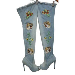 Cape Robbin Denim Tiger Boots Denim 9M 9 Medium Embroidery Fringe Knee High S5